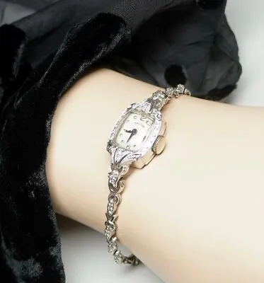 Vtg Ladies Hamilton 14K White Gold Watch + Diamonds 14K White Gold Band 17 Jewel • $1449