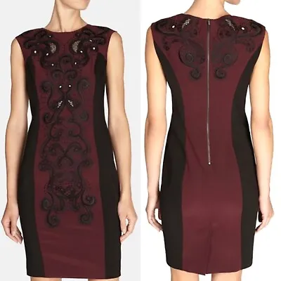 Karen Millen • Black Maroon Signature Embroidered Bodycon Dress Sz 8 UK. BNWT • £45