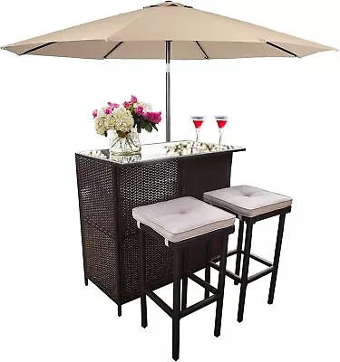 Outdoor Bar Set 3-Piece Rattan Wicker Patio Furniture Glass Bar And Two Stools • $264.48