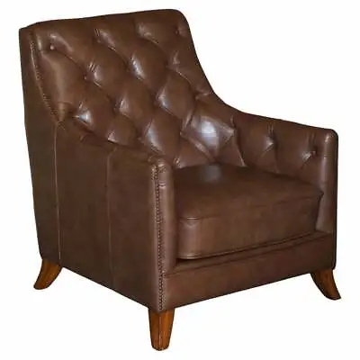 Lovely Tetrad Brown Leather Reading Armchair With Chesterfield Tufted Buttons • £850