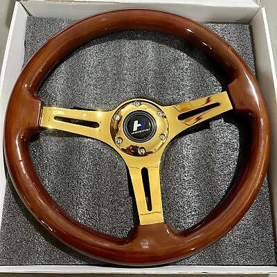 350mm 1.75  Deep Dish Heavy Duty 6 Bolt Steering Wheel Gold Chrome Spoke Wood • $64.99