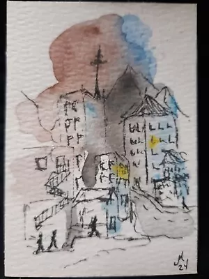 ACEO Watercolor Painting Cityscape Buildings People Mountains Artwork Miniature • $5