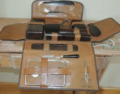 L@@k! Vintage Leather Mens Manicure Set Bola-rose Set Of 11 Pieces Shaving Brush • $25.19