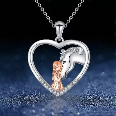 Exquisite Heart Horse Pendant Necklace Jewelry Fashion Silvery Pink Girl Unique • $12.98