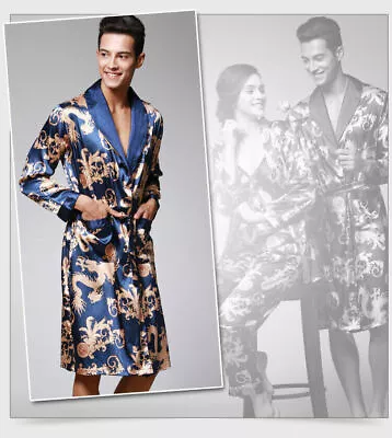 Silk Pajamas Kimono Bathrobe Robe Dressing Gown Sleepwear Loungewear Mens Satin • £24
