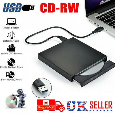 £13.99 • Buy Slim External USB DVD ROM CD ROM Drive Rewriter Burner Writer For Laptop PC MAC