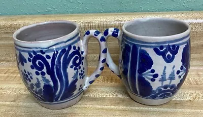 Vintage Pottery Cups Blue Design Mexico 2 In Lot • $18