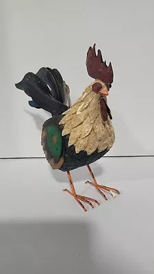 Tin Metal Wooden Colorful Rooster Figurine Sculpture Wire Feet Farmhouse  • $29.99