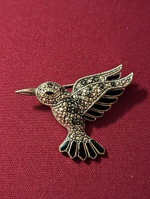 Vintage Silver Tone Black Enamel & Pave Rhinestone Hummingbird Brooch • $6.99