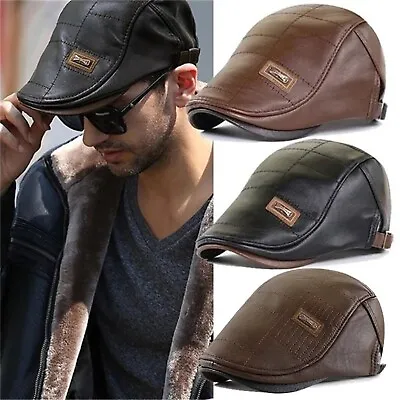 Mens Leather Beret Hat Retro Newsboy Warm Cap Duckbill Visor Boinas Flat Caps UK • $15.29