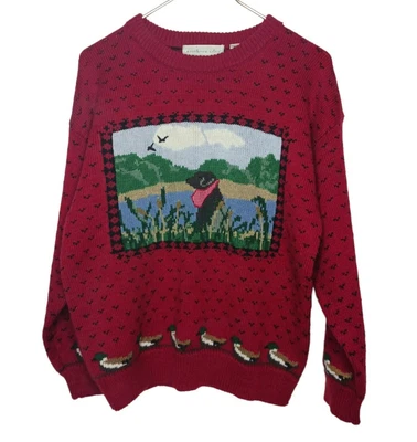 $28 • Buy Vintage Northern Isles Hand Embroidered Women's Birdseye Duck Hunt Dog Sweater