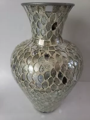 Vintage Mirror Country Fantasy Style Gray Silver Glass Mosaic Decor Vase 10  • $24.99