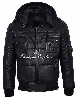 Mens Puffers Hooded Jacket BLACK REAL LEATHER Bubble Bomber Hoodie Jacket Pilot6 • $173.86