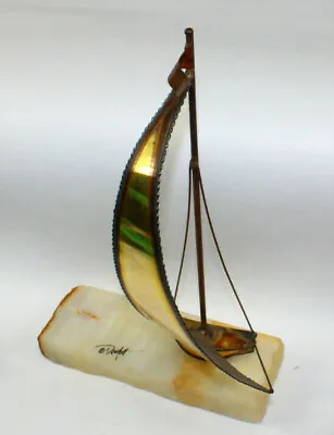 Brass Metal Sailboat Sculpture Onyx Stone Stand Signed Nautical Art 14.5  • $58.08