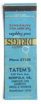 $2.45 • Buy Tatem's - Norfolk, Virginia Drug Store 20 Strike Matchbook Cover Matchcover VA