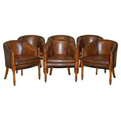 Six Hand Dyed Brown Leather Thomas Chippendale Chesterfield Tub Club Armchairs • $18948.75