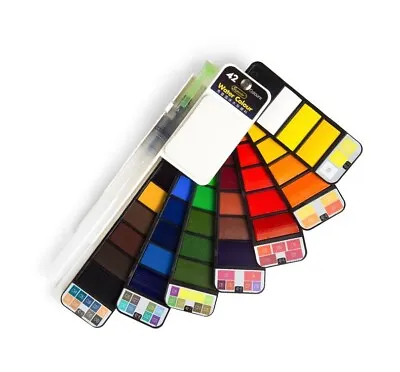 $27.99 • Buy Solid Watercolor Paint Set 18/25/33/42 Color Water Brush Pen Foldable Travel Kit