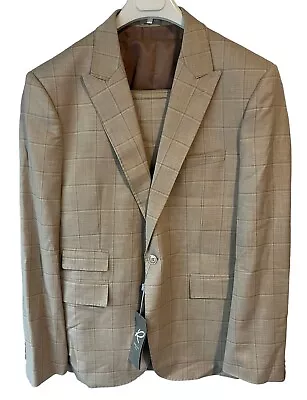Rossi Man 3 Piece Suit Mens 44 R Beige Plaid Blazer Vest Pants Unhemmed Wool NEW • $143.68