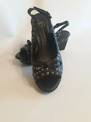 B Makowsky Black Leather Peep Toe Sling Back Silver Studded Wedge Heel 6.5 M • $42