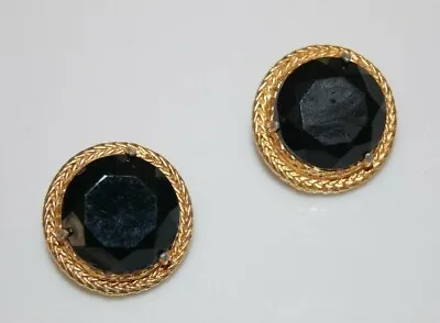 Elegant Vtg Florenza Couture Black Crystal Signed Round Clip Headlights Earrings • $49.75