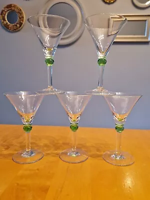 Vintage Set Of 5 Clear Glass Green Detail Stemmed Small Cocktail Martini Glasses • £25