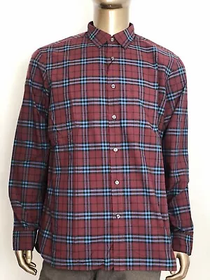 $330 Burberry Alexander Men's Crimson Red/Blue Checked Cotton Shirt 4066394 • $179.99