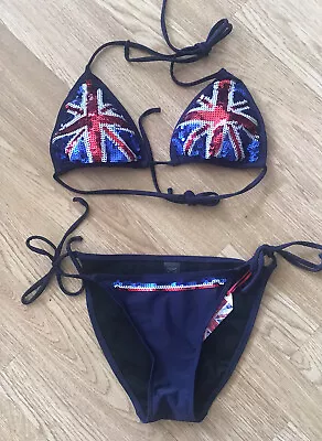 £22 • Buy Next Size 10 Top & 10 Bottoms Black Navy Blue Union Jack Triangle Bikini Bnwt