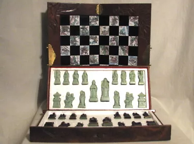 VTG CHINESE CHESS FOLDING WOOD And PAINTED TILES CHESSBOARD HAND CARVED CHESSMEN • $140