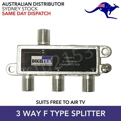 $10.95 • Buy TV Antenna Splitter Digitek 3-Way Aerial F-Type 5-1000MHz Suits Free To Air TV