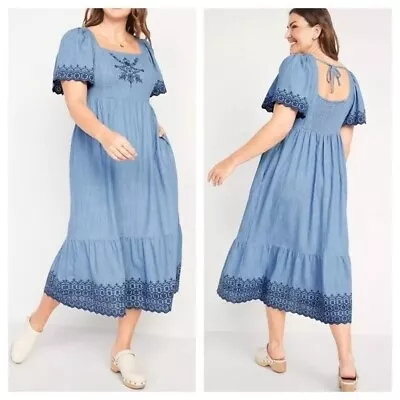 Old Navy Fit & Flare Flutter-Sleeve Tie-Back Chambray Midi Dress Women XXL NEW • $38.49