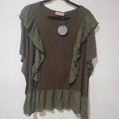 NWT Size 5x EAST ADELINE Womens Long Tunic Top Olive Green Ruffle Made In USA • £13.98