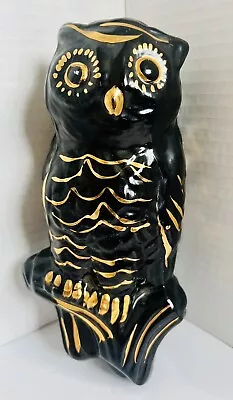 VTG Ceramic Owl Wall Pocket Black With Gold Accents 8”x4” Great Halloween Decor • $19.59