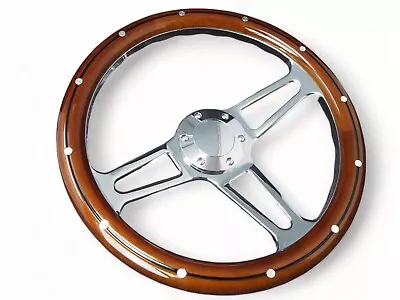 350mm 14  Classic Chrome Mahogany Wood Grain Steering Wheel Slotted 3 Spoke • $104.99