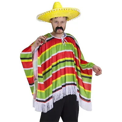 Mexican Poncho Fancy Dress Adult Mexico Party Bandit Costume Multi Coloured • £13.99