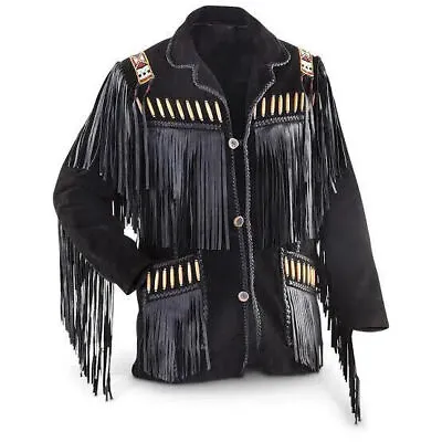 Men Native American Cowboy Leather Black Western Suede Jacket With Fringe & Bead • $124.99