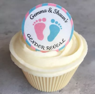 Precut Personalised Gender Reveal Pink & Blue Edible Wafer Cupcake Cake Toppers • £4.92