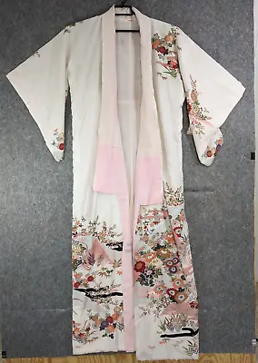 Traditional Vintage Japanese Kimono Haori Womens Pink Floral Silk Fully Lined • $49.98