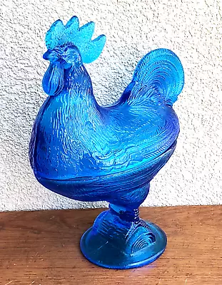 Westmoreland Standing Rooster Covered Candy Dish In Blue Glass Cookie Jar Retr • $59.99