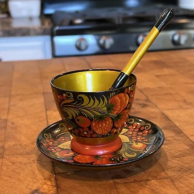 Soviet Russian Khokhloma Wooden Cup Saucer & Spoon Hand Painted Vintage USSR • $13