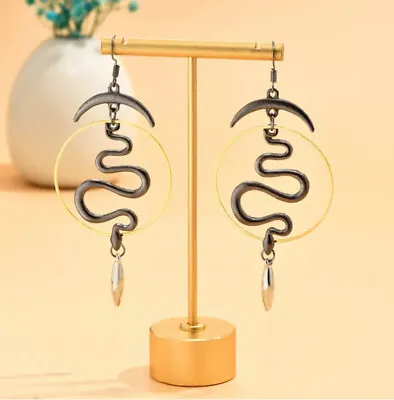 MARNI H&M Vintage Silver Boho Hollow Moon Snake Pattern Dangle Earrings • $20.99