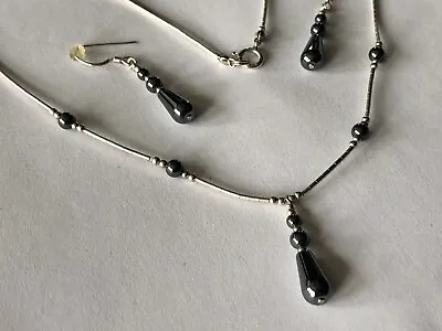 Vintage 925 Sterling Silver Necklace  Hematite Teardrop Pendant & Earrings Set • $18