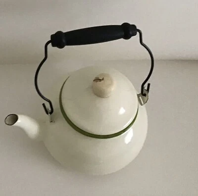 $27.75 • Buy Cottage Style  Vintage ,Enamel Tea Pot ,with Green Trim