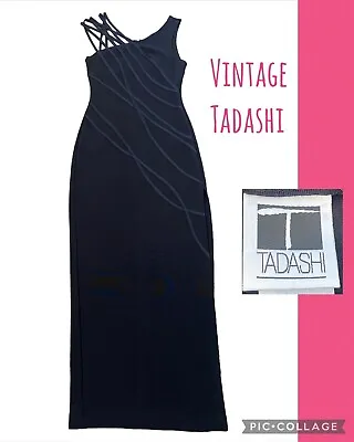 Vintage TADASHI Long Black 2 Ft. Slit Stretchy Bodycon 90s Y2K Prom Dress Med • $165