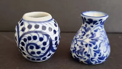 Lot Of 2 Very Mini Blue & White Bud Vases Floral & Geometric Design 1 1/2  • $8