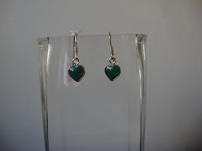 Vintage Tiny 2-sided Malachite Hearts Sterling Silver 925 Dangle Hook Earrings • $9.99