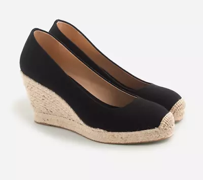 J. Crew Seville Black Leather Espadrille Slip On Wedge Heels Womens Size 7.5 • $19.54