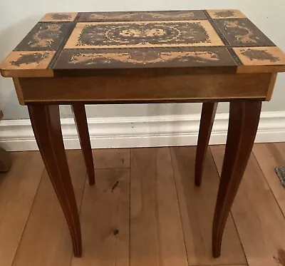 VINTAGE ITALIAN WOOD MARQUETRY SMALL TABLE W/MUSIC BOX ( Italy ) 17   TALL • $75