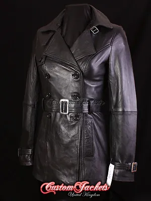 Ladies 'PARIS' Black Real Lambskin Leather TRENCH COAT Belted Jacket Stylish Mac • £118.75