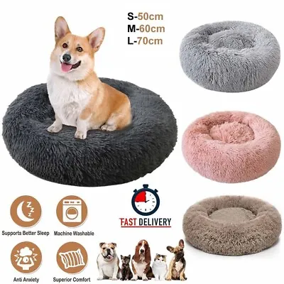 Pet Dog Cat Calming Bed Comfy Plush Warm Fluffy Nest Donut Pubby Round Pad S/M/L • £11.99