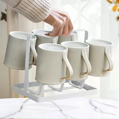 White Mug Tree Stand Coffee Cup Rack Glass Office Kitchen Flat Six Holder • £8.99